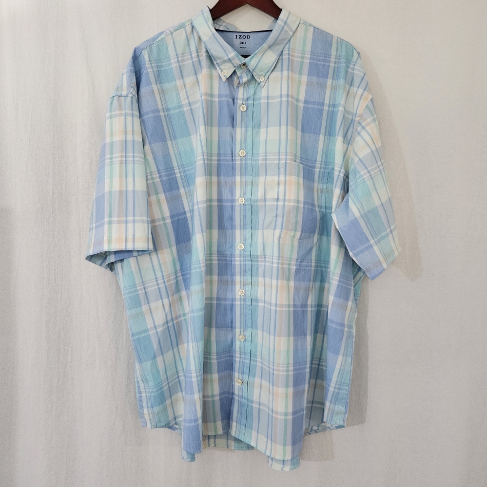 IZOD Short Sleeve Casual Button Down Shirt in Blue Green Cream Size Men's 3XLT